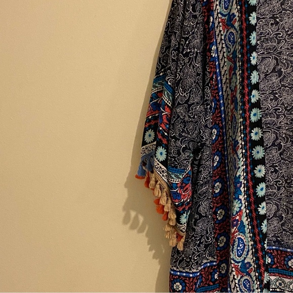 Umgee Size M/L Women’s Multicolor Ruffle Sleeve Open Front Flowy Kimono Tassels - Picture 5 of 9
